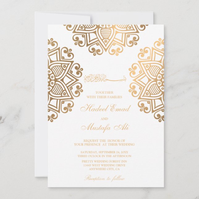 Elegante invitación a la boda islámica de oro (Anverso)