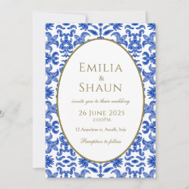 Elegante invitación a la boda italiana azul y blan