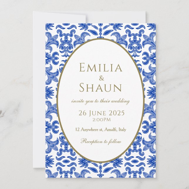 Elegante invitación a la boda italiana azul y blan (Anverso)