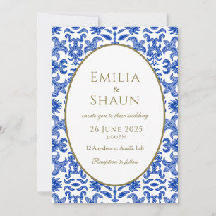 Elegante invitación a la boda italiana azul y blan