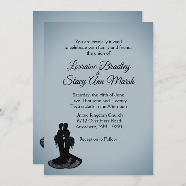 Elegante invitación a la boda lesbiana con niebla  (Anverso / Reverso)