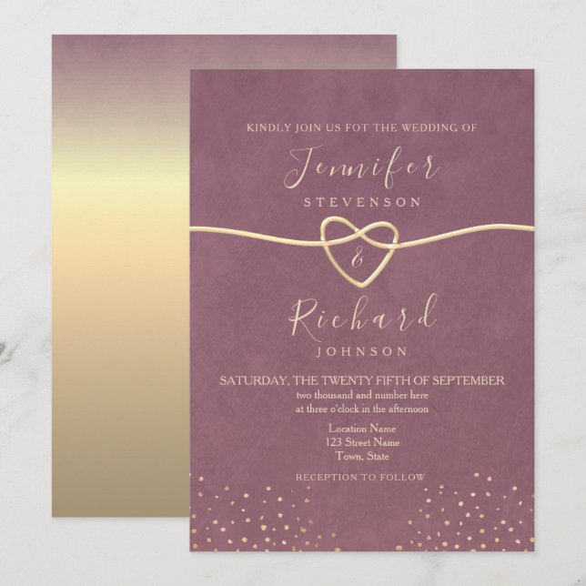 Elegante invitación a la boda malva morada (Anverso / Reverso)