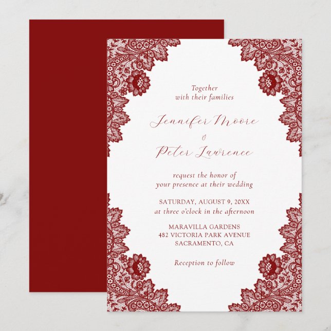 Elegante invitación a la boda maroon roja de encaj (Anverso / Reverso)
