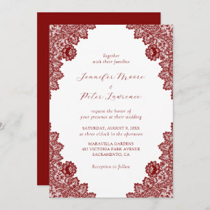 Elegante invitación a la boda maroon roja de encaj