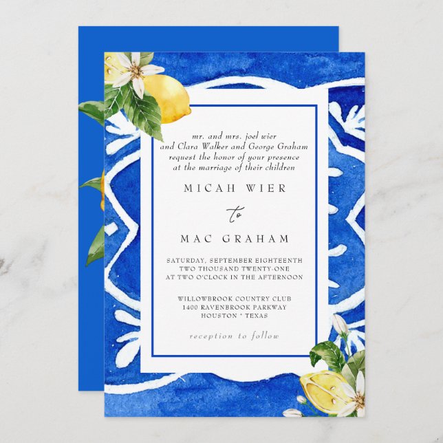 Elegante invitación a la boda mediterránea (Anverso / Reverso)