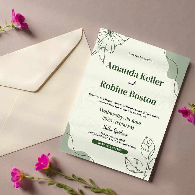 Elegante invitación a la boda Minimalista de hojas (Subido por el creador)