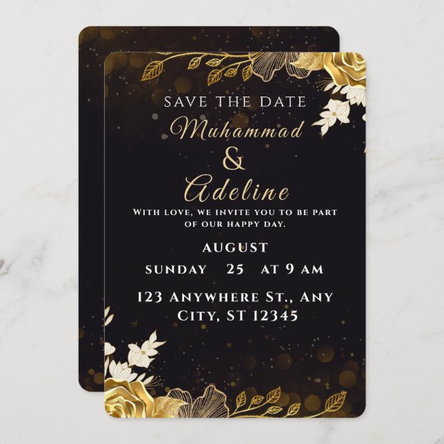 Elegante invitación a la boda moderna - blanco y n (Anverso / Reverso)