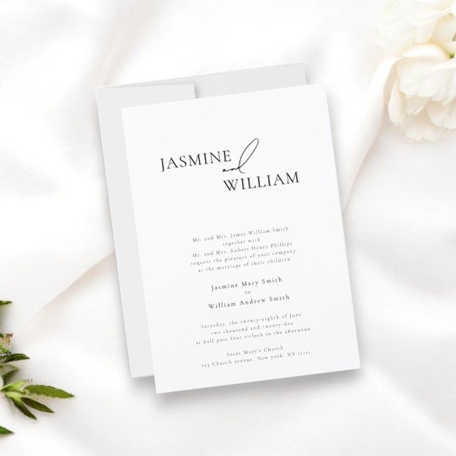 Elegante invitación a la boda moderna en blanco y  (a wedding invitation where formal traditional meets modern design. )