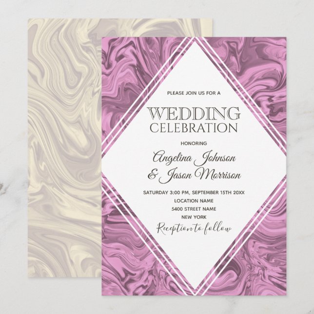 Elegante invitación a la boda moderna rosada y des (Anverso / Reverso)