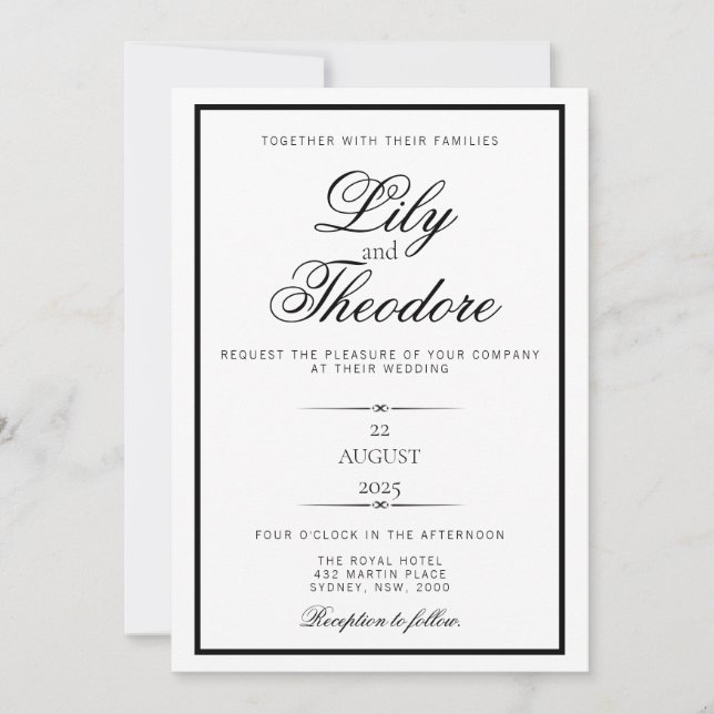 Elegante invitación a la boda monocome (Anverso)