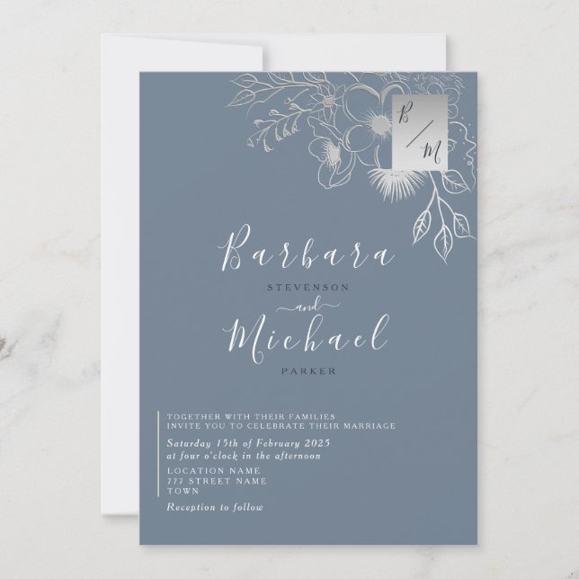 Elegante invitación a la boda monogramada azul tur (Anverso)