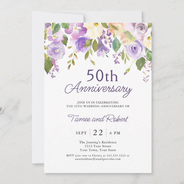 Elegante Invitación a la Boda Morada 50 (Anverso)