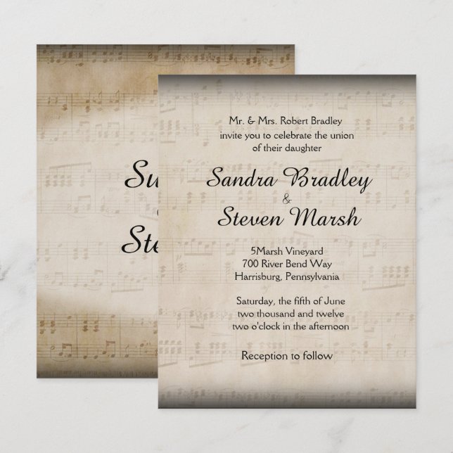 Elegante invitación a la boda musical (Anverso / Reverso)