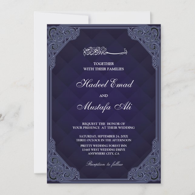 Elegante invitación a la boda musulmana azul marin (Anverso)