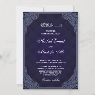 Elegante invitación a la boda musulmana azul marin