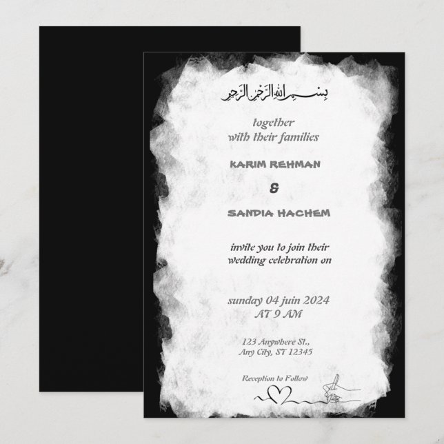 Elegante invitación a la boda musulmana blanca y n (Anverso / Reverso)