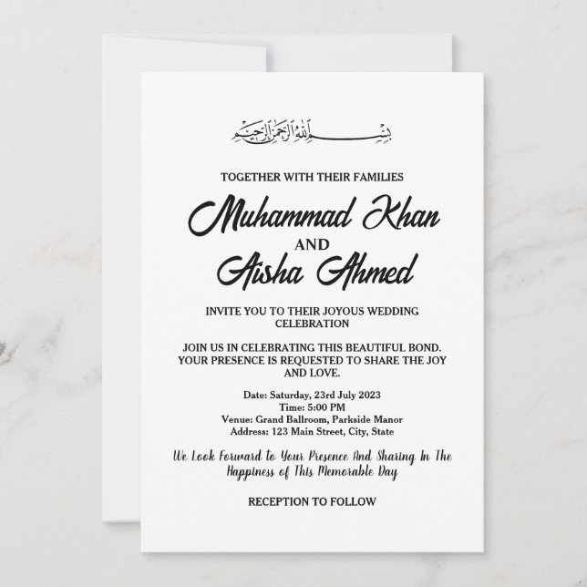 Elegante invitación a la boda musulmana blanca y n (Anverso)