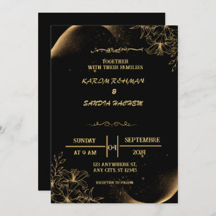 Elegante invitación a la boda musulmana de oro y n