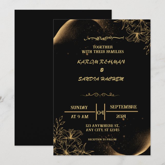 Elegante invitación a la boda musulmana de oro y n (Anverso / Reverso)