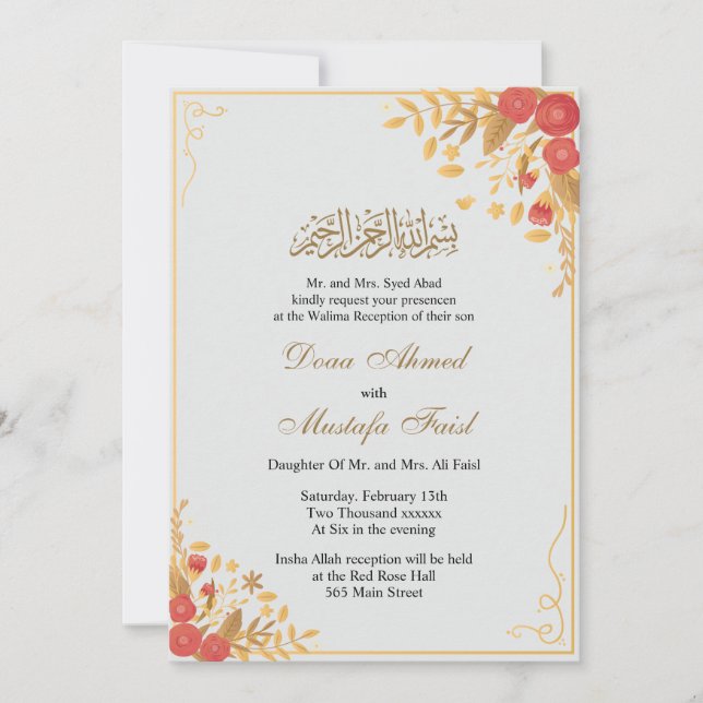 Elegante invitación a la boda musulmana floral (Anverso)
