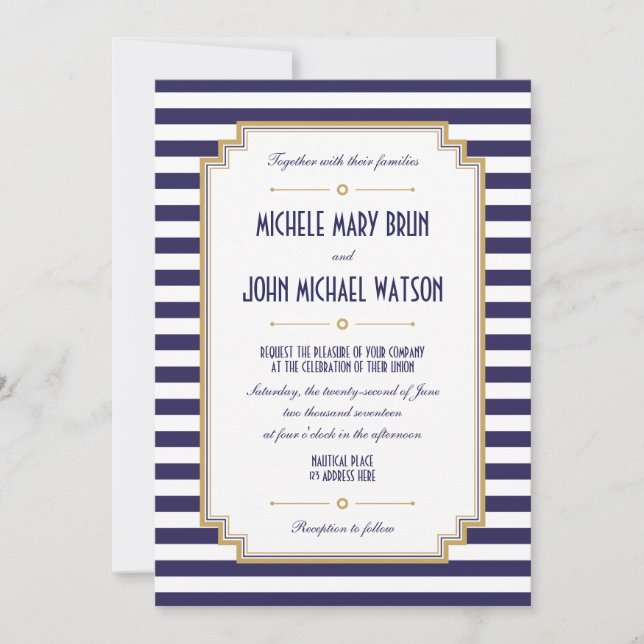 Elegante invitación a la boda náutica blanca azul (Anverso)