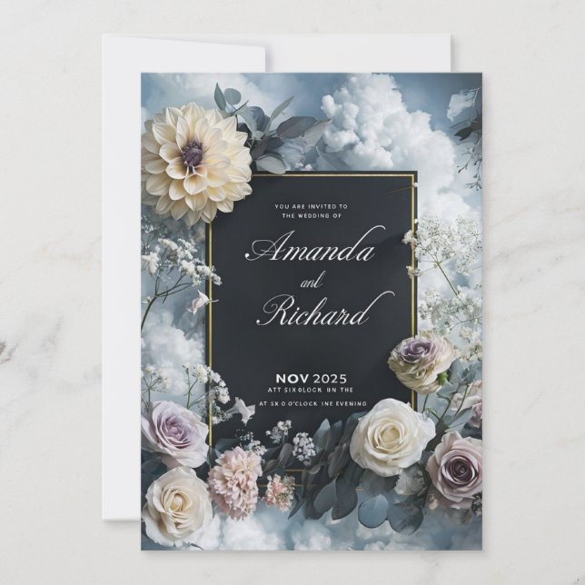 Elegante Invitación a la Boda Negra con Borde Flor (Anverso)