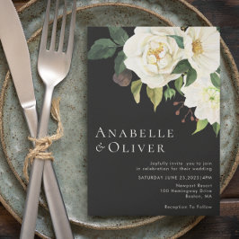 Elegante Invitación a la Boda Negra Floral Blanca