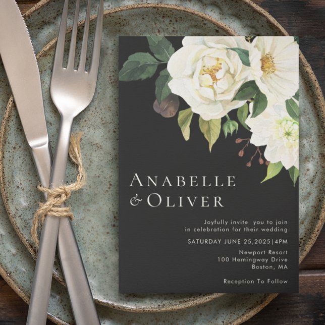 Elegante Invitación a la Boda Negra Floral Blanca (Subido por el creador)