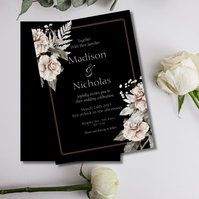 Elegante invitación a la Boda Negra Rosa Blanca (Elegant Black Floral Wedding Invite)