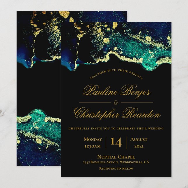 Elegante Invitación a la Boda Negra Verde Oro (Anverso / Reverso)
