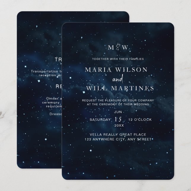 Elegante invitación a la boda nocturna Starry Invi (Anverso / Reverso)