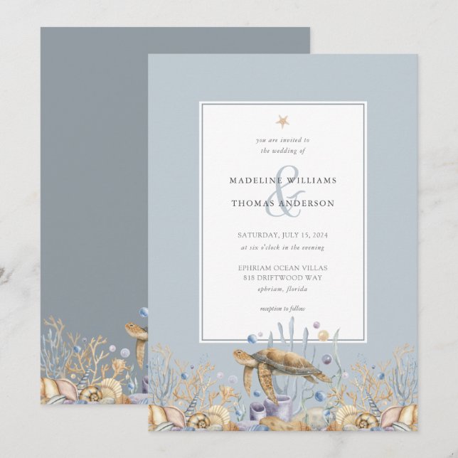 Elegante Invitación a la boda oceánica de la tortu (Anverso / Reverso)