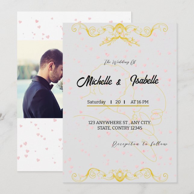 Elegante Invitación a la Boda Ornada de Oro (Anverso / Reverso)