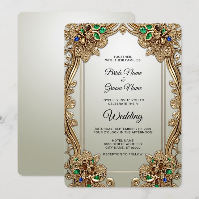 Elegante Invitación a la Boda Ornada de Oro (Anverso / Reverso)