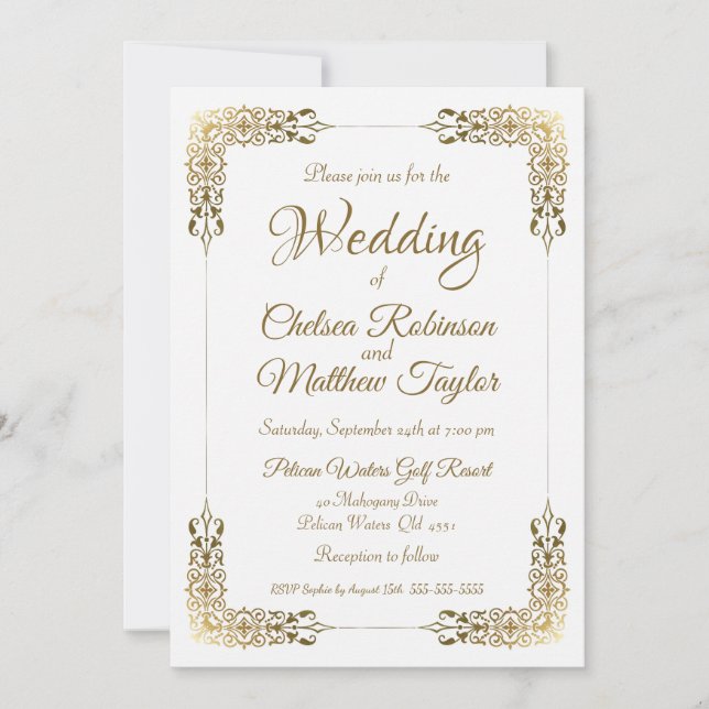 Elegante Invitación a la Boda Ornate de Oro (Anverso)