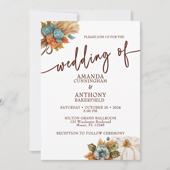 Elegante Invitación a la boda otoñal de la calabaz (Anverso)