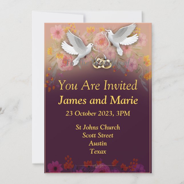 Elegante Invitación a la boda, palomas y anillos p (Anverso)