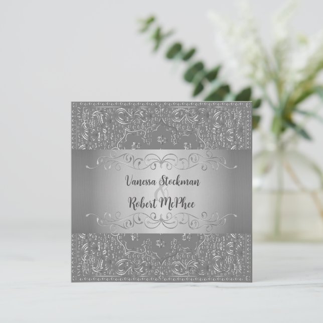 Elegante invitación a la boda plateada (Anverso de pie)