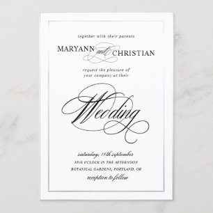 elegante invitación a la boda plateada de caligraf
