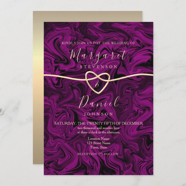 Elegante invitación a la boda púrpura (Anverso / Reverso)