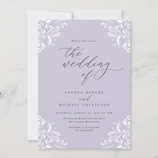Elegante invitación a la boda púrpura de Dusty Vin (Anverso)
