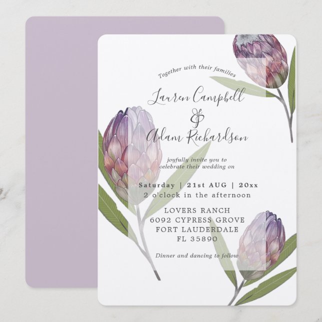 Elegante invitación a la boda púrpura de protecció (Anverso / Reverso)