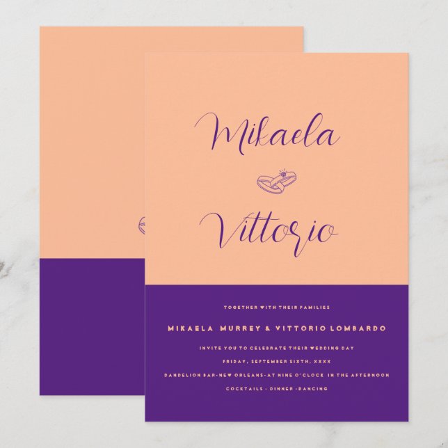 Elegante invitación a la boda púrpura Peach (Anverso / Reverso)