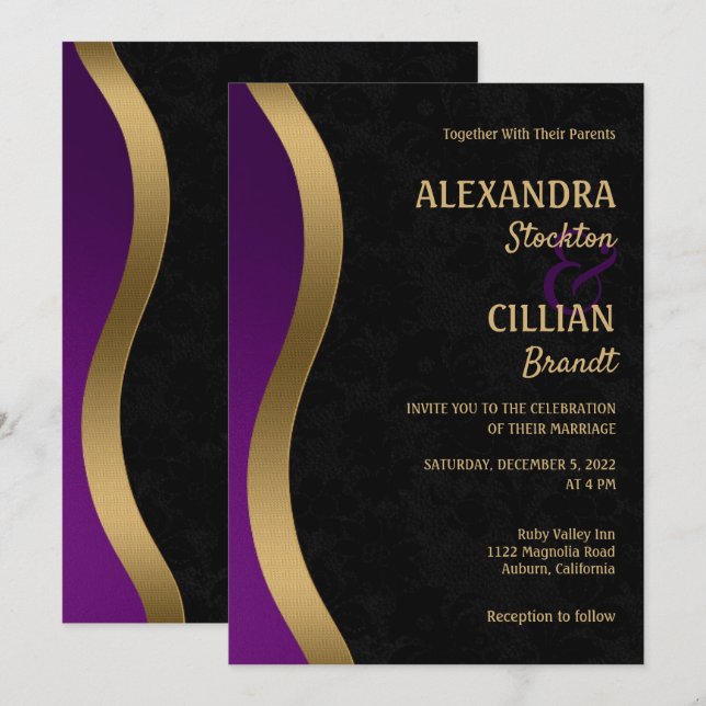 Elegante invitación a la boda púrpura y dorada (Anverso / Reverso)