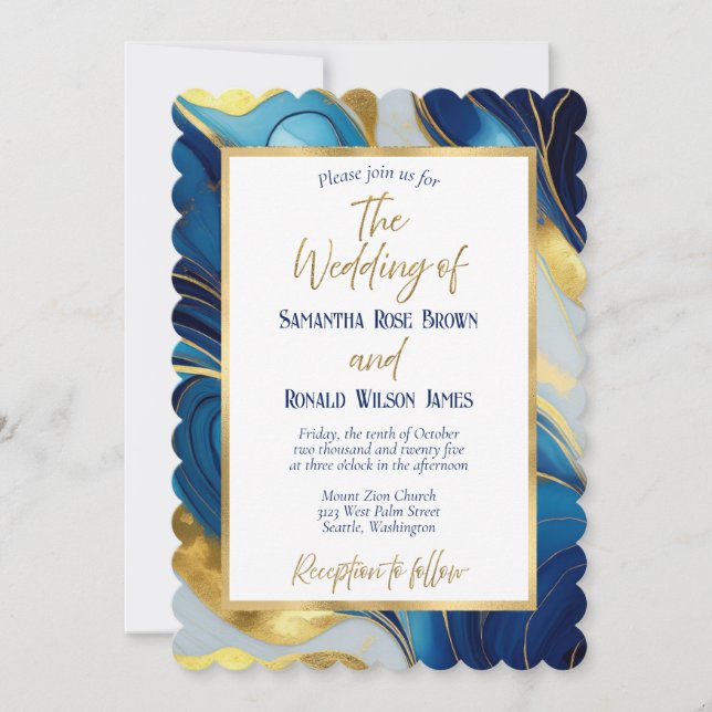 Elegante invitación a la Boda Real Azul y Oro (Anverso)