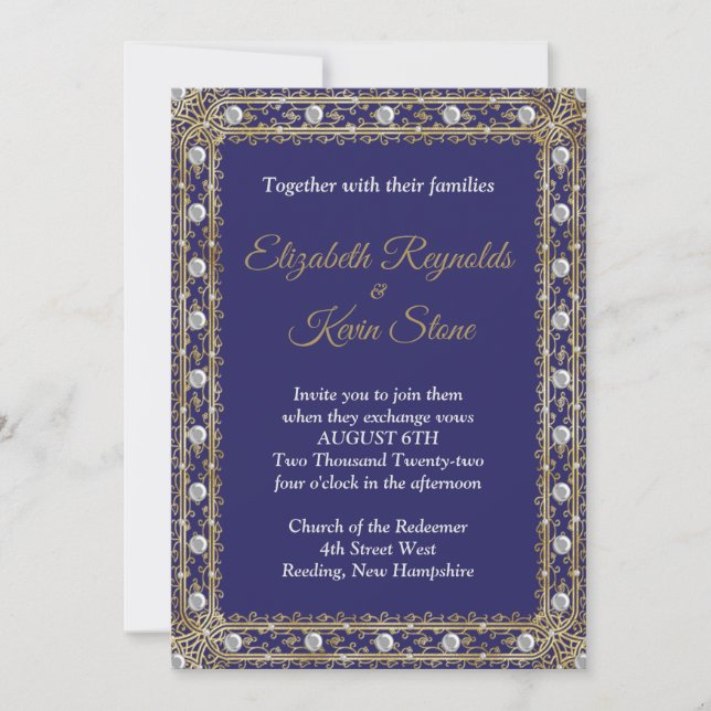 Elegante invitación a la boda real azul y oro (Anverso)