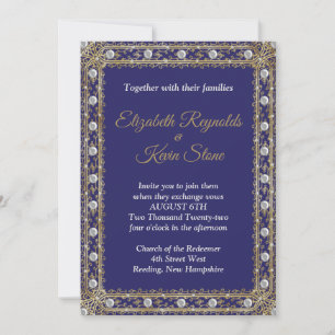 Elegante invitación a la boda real azul y oro