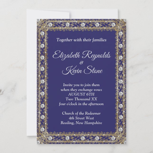 Elegante invitación a la boda real azul y oro (Anverso)