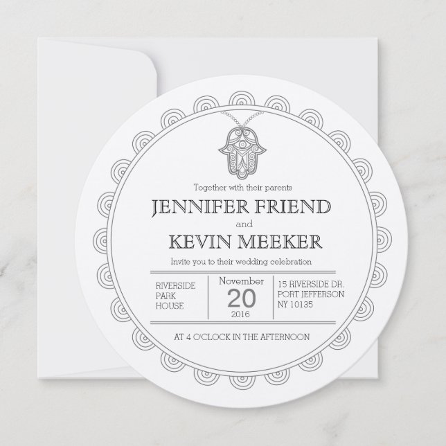 Elegante invitación a la boda redonda de Hamsa (Anverso)