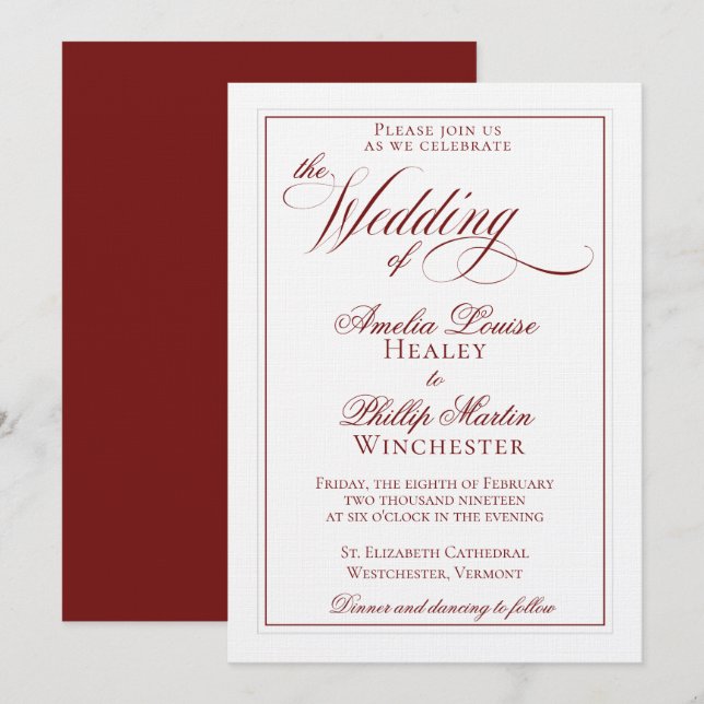 Elegante Invitación a la Boda Roja y Blanca Garnet (Anverso / Reverso)